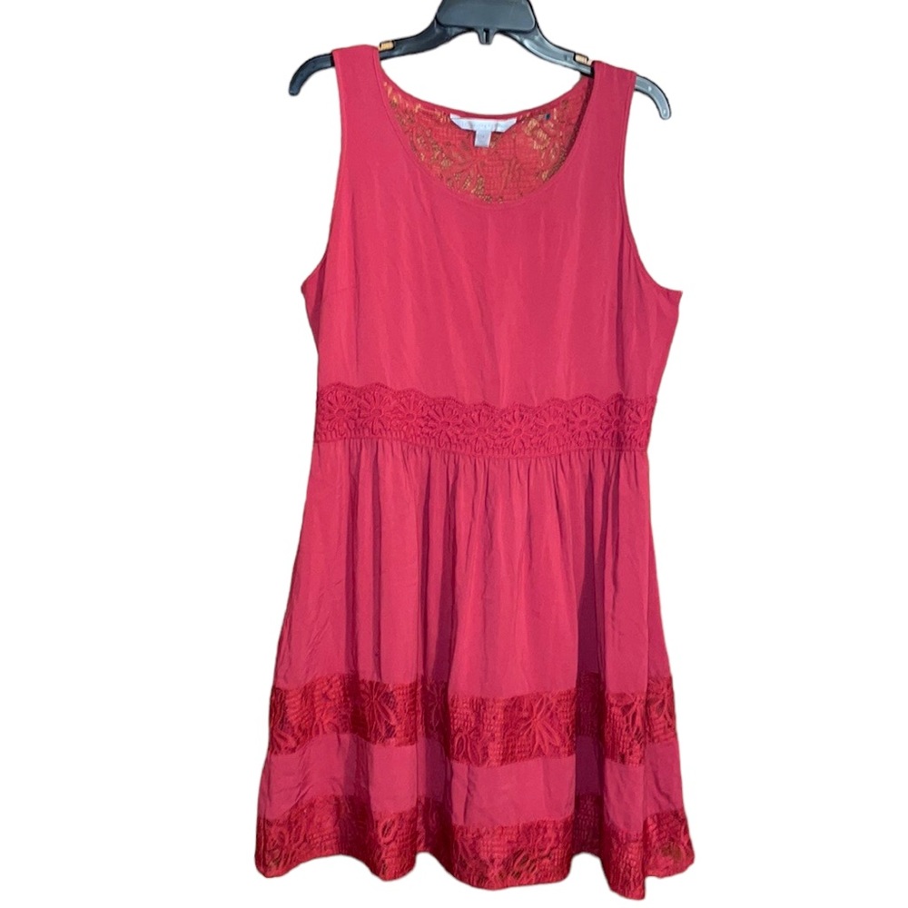 •LAUREN CORAD•PASTEL RED CROCHET LACE FLORAL DRESS 100% LINED SIZE 14 EUC